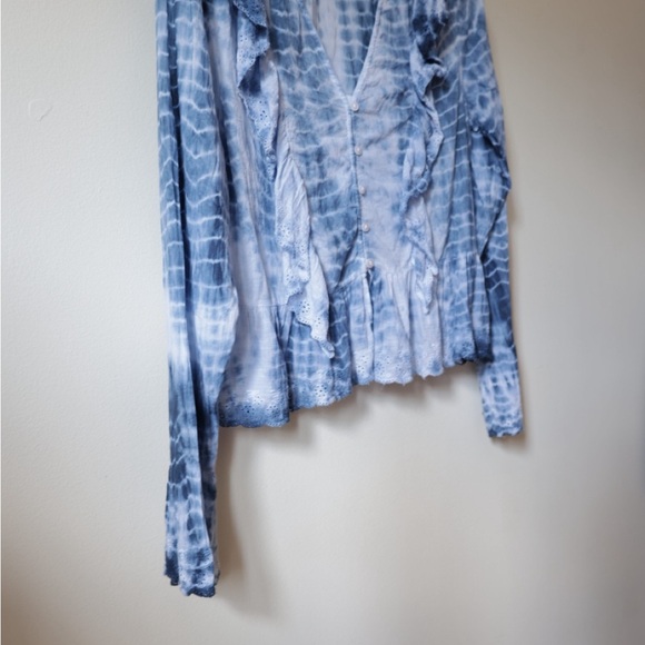Blue Tie-Dye Women Top cotton free people style long sleeve button up flare - Picture 5 of 9
